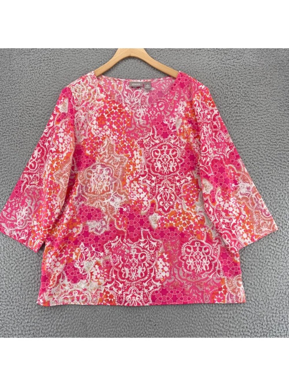 Chicos Top womens 2 US Large Pink Pattern 3/4 Sleeve Pullover Blouse Everyday
